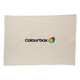 A cotton tea towel in cream colour featuring a logo at the centre.