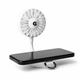A white rechargeable fan with a flexible arm attached to a black phone stand. It includes a logo on the fan.