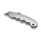 A silver handheld cutter with a serrated edge and a textured grip for easy handling. It has a circular hole for keyring attachment.