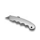 A silver utility knife with a textured handle and retractable blade, featuring a small hole for attachment.