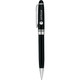 A black ballpoint pen with a silver clip and branding on the barrel.