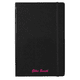 A black journal with an elastic band, featuring a custom name in pink text at the bottom. It includes a branding logo.