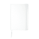 A white notebook with a textured cover, featuring an elastic band and a ribbon bookmark, includes a branding logo.