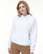 A white adult's close front contrast fleecy hoodie with a kangaroo pocket and a drawstring hood.