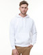 A white adult hoodie featuring a front pocket and drawstring hood, displayed by a model.