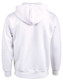 A white adult's close front fleece hoodie with a hood and long sleeves, featuring a simple design.