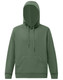 An olive green adult hoodie with a front pocket and a drawstring hood. It features branding on the garment.