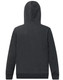 A dark grey adult hoodie with a close front design and a hood. It features ribbed cuffs and a branding logo.