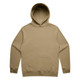 A beige hoodie with a front pocket and a drawstring hood, featuring a logo on the front.