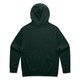 A dark green hoodie featuring a hood and long sleeves, with a plain back design. It has a logo on the back.
