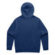 A navy hoodie featuring a spacious back design and a hood. It includes a logo detail.