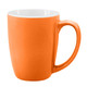 A coffee mug in vibrant orange with a white interior and a comfortable handle. It features a branding logo.