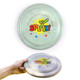 A frisbee featuring a glossy, translucent green color with multicolored graphics and a logo.