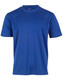 A blue short-sleeve T-shirt made from moisture-wicking fabric, featuring a logo on the upper left.