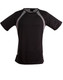 A black men's T-shirt with grey side panels and a logo on the upper back.