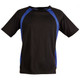 A black men's t-shirt featuring blue accents and a logo, with short sleeves and a round neckline.