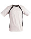 A men's premier tee shirt in white and black with short sleeves and a sleek design. It features a logo.