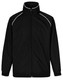 A black track jacket featuring a high collar and white accents, with a logo on the chest area.