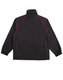A black track jacket with red piping, featuring a high collar and elastic cuffs. It has a logo on the back.