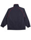 A navy track jacket with red piping, featuring a high collar and elasticated cuffs. It has a logo on the back.