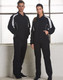 A black track jacket featuring white accents, displayed on a male and female model. The jacket has a logo.
