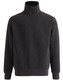 A dark grey 1/2 zip collar fleecy jumper featuring long sleeves and elastic cuffs. It has a logo on the chest.