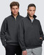 A 1/2 zip collar fleecy jumper in charcoal grey, featuring a logo and side pockets. Suitable for men and women.