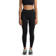 Black seamless leggings displayed on a model, paired with a matching crop top and athletic shoes. The image features branding.