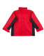 A red and black 3-in-1 jacket featuring a high collar and reflective piping, with a logo on the front.