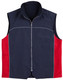 A navy and red men's 3-in-1 jacket featuring a zip front and sleeveless design. It has a logo on the chest.