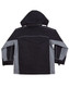 A black and grey men's jacket with a hood, featuring contrasting panels and a branded logo.