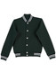 A green varsity jacket featuring a ribbed collar, button closure, and striped cuffs. It has side pockets and a logo.