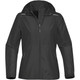 A black rain jacket featuring a hood and zippered pockets, designed for women. It has reflective detailing and a logo.