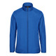 A blue full zip jacket with a stand-up collar and raglan sleeves. Features a logo on the chest.