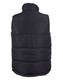 A heavy quilted vest in black, featuring a high collar and a simple design. Includes a logo on the back.