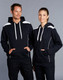 A navy hoodie with a kangaroo pocket, featuring white contrast details and a logo on the front.