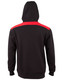 A black hoodie with a red contrast strip across the shoulders and a kangaroo pocket. It features a logo on the front.