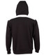 A black hoodie with a contrast white stripe across the shoulders and a kangaroo pocket. Features a logo on the front.