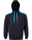 A navy hoodie with teal contrast accents and a kangaroo pocket, featuring a hood and a branding logo.