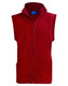 A red polar fleece vest with a zip front and a collar, featuring side pockets and a logo.