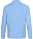 A blue unisex long sleeve polo shirt with a collar and a logo on the back.