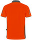 An orange polo shirt with contrasting grey detailing and a logo on the side.