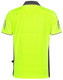 A bright yellow polo shirt with grey accents and a logo. The back features a sleek design.