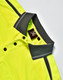 A bright yellow polo shirt featuring a grey collar and stripe detailing, with a branding label visible.