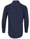 A navy long-sleeve work shirt with a buttoned collar and an adjustable cuff, featuring a logo on the back.