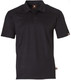 A black short-sleeve polo shirt featuring a logo and textured shoulder detail. Suitable for workwear.