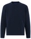 A navy crew neck sweatshirt with long sleeves, featuring a simple design and a logo on the front.