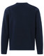 A navy crew neck fleece jumper with long sleeves and a plain back design. It features a logo on the front.
