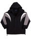 A black jacket with grey accents and a hood, featuring a logo on the front. Suitable for various occasions.
