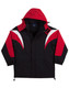 A tri-colour jacket with a hood, featuring black, red, and white panels, and a logo on the chest.